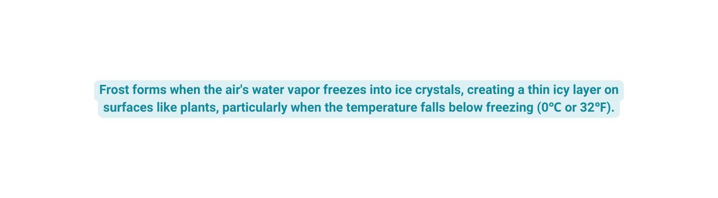 Frost forms when the air s water vapor freezes into ice crystals creating a thin icy layer on surfaces like plants particularly when the temperature falls below freezing 0 or 32